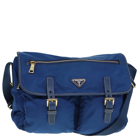 PRADA Shoulder Bag Nylon Blue Gold Auth 90221 - Picture 1 of 16